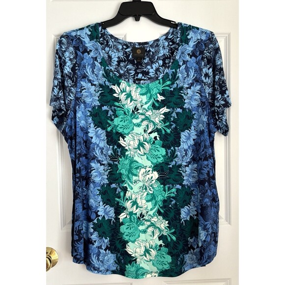 JM Collection Intrepid Blue Floral Multi-Color Top Short Sleeve Plus Sizes 103 - Picture 1 of 4